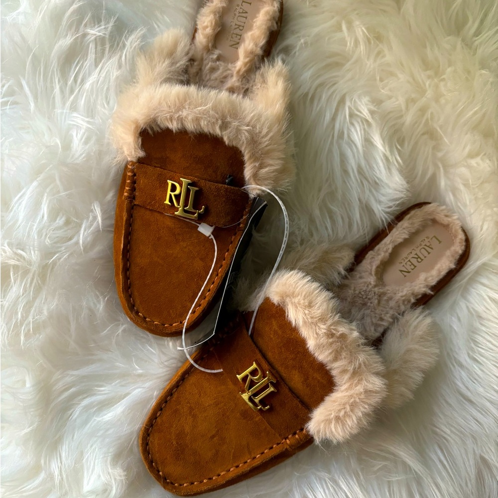 BRAND NEW RALPH LAUREN SUEDE MULES• Savanah Faux-Fur Trim• BEAUTIFUL**